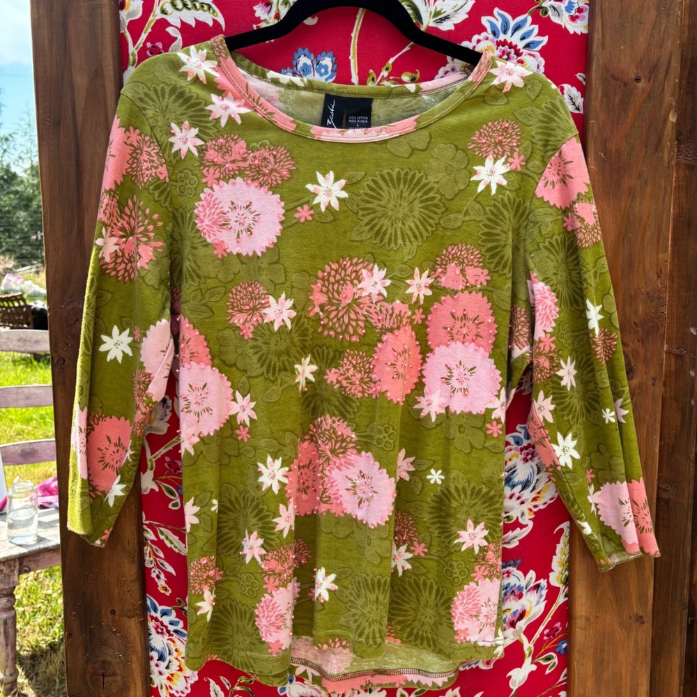 Y2k Green+Pink Whimsy Fairy Beaded Sequin Floral 3/4 Sleeve Top‎ Women's Size L